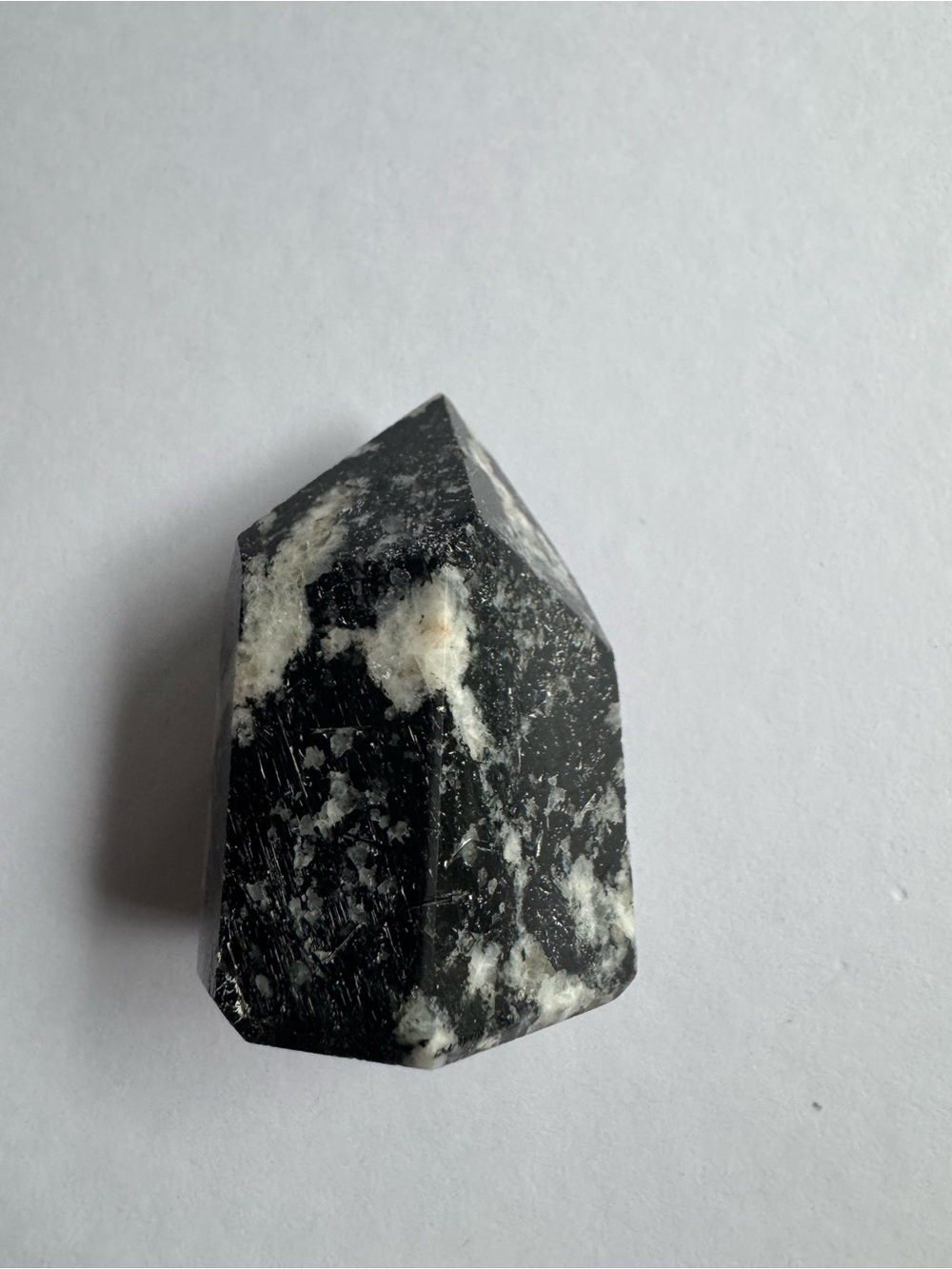 Polished crystal tower of black tourmaline in quartz. 2.25in/h 1.5in/w 156.34g